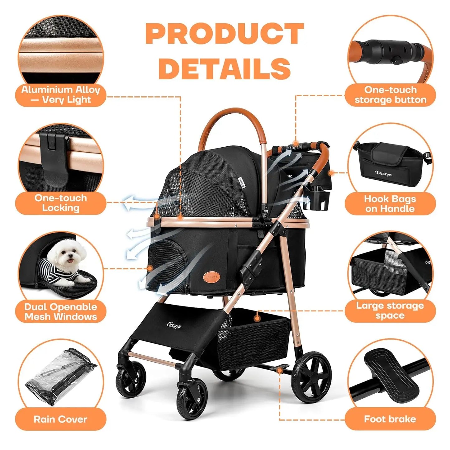 Foldable 3-in-1 Pet Stroller for Small/Medium Dogs Cats up to 50 lbs, with Carrier, Storage Basket, Rain Cover