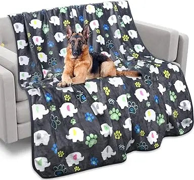 Dog Blankets for Large Dogs,with Flannel Gray Elephant Pattern and paw Prints, 60x50 inches, Cat Blanket Puppy Supplies Dog, So