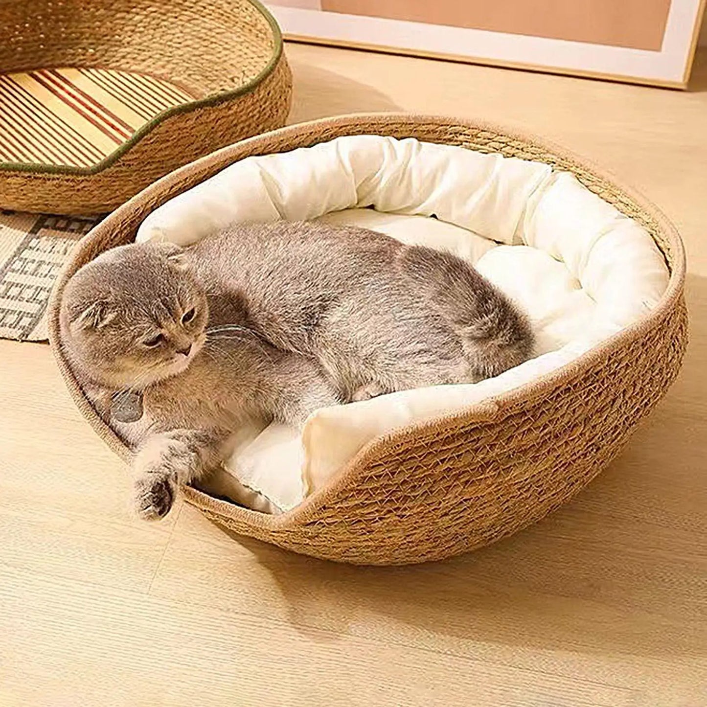 Cat Bed Cotton Rope Woven Cat Bed with Pillow and Cushion All Season Indoor Weaving Pet Resting Scratching Sleeping Furniture
