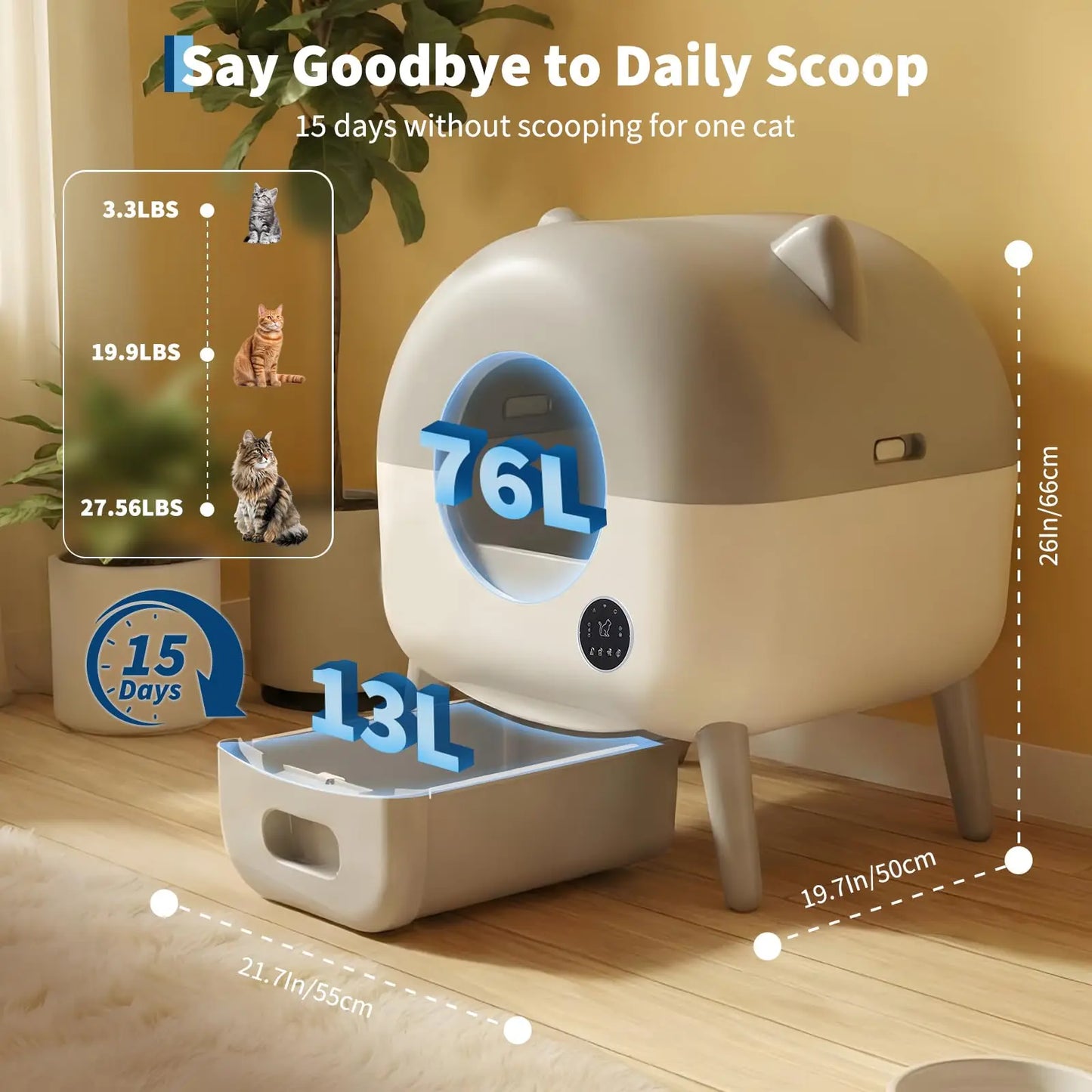 Automatic Self-Cleaning Cat Litter Box 76L Smart App Control Odor-Free w/Trash Bags, Electric Litter Solution, for Multiple Cats