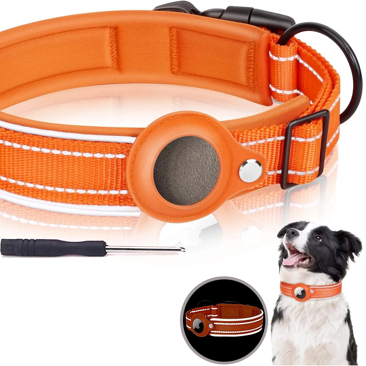 AirTag Dog Collar Reflective Dog Collar Padded Dog Collars AirTag Holder Case Adjustable Pet Collar for Small Medium Large Dogs