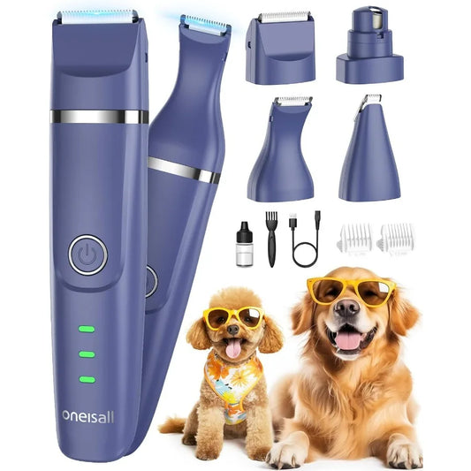 Dog Clippers Dog Paw Trimmer 4in1 Cordless Grooming Kit: 2Speed Low Noise Clippers with Rechargeable Quiet Nail Grinder for Dog