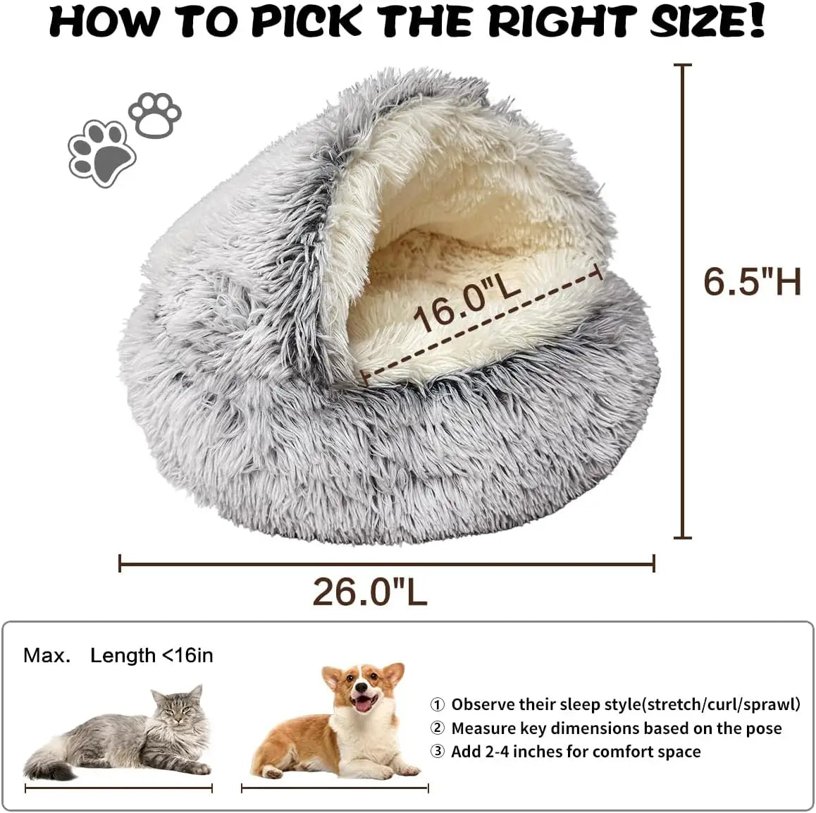 Fluffy Hooded Pet Bed Cave for Cats & Small Dogs - Waterproof, Washable, 26-inch Grey