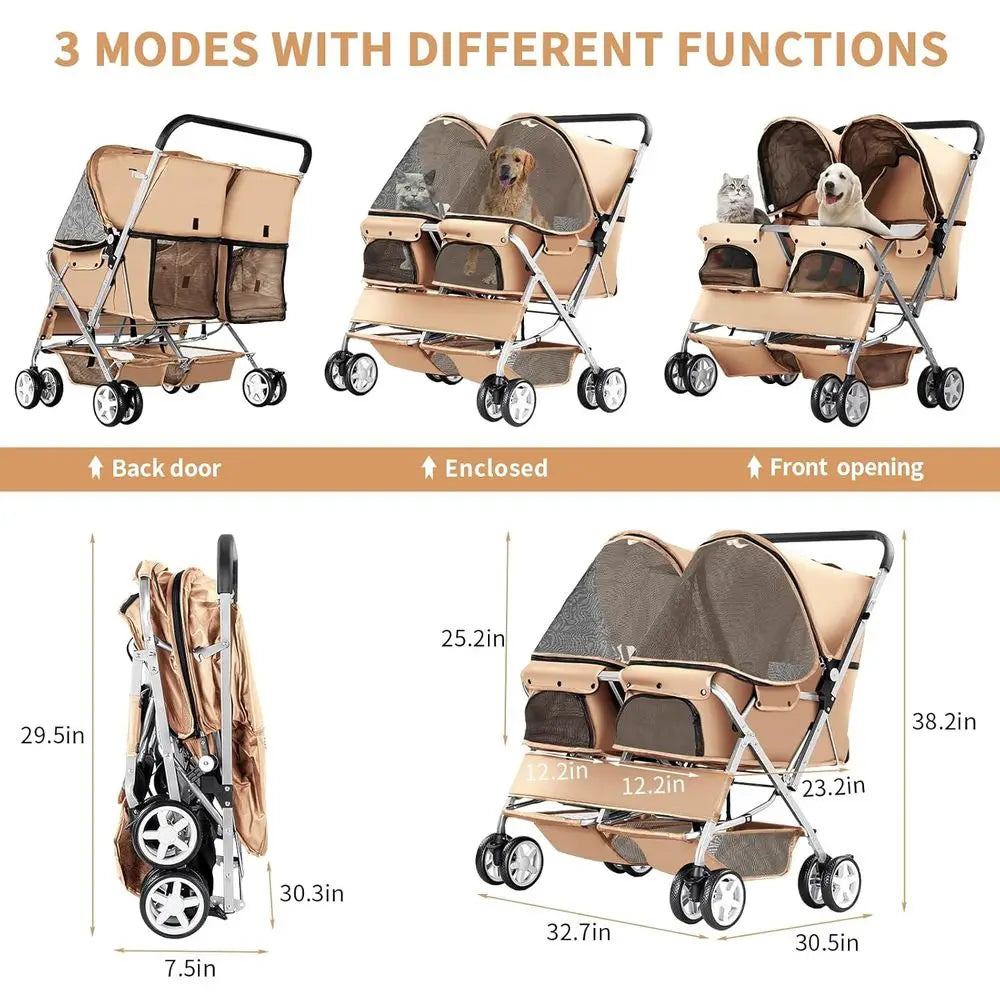 Double Pet Stroller, Foldable Stroller for 2 Dogs & Cats, Two-Seater Carrier Twin Dog Walk Jogger Travel Pet Carriage Cart with