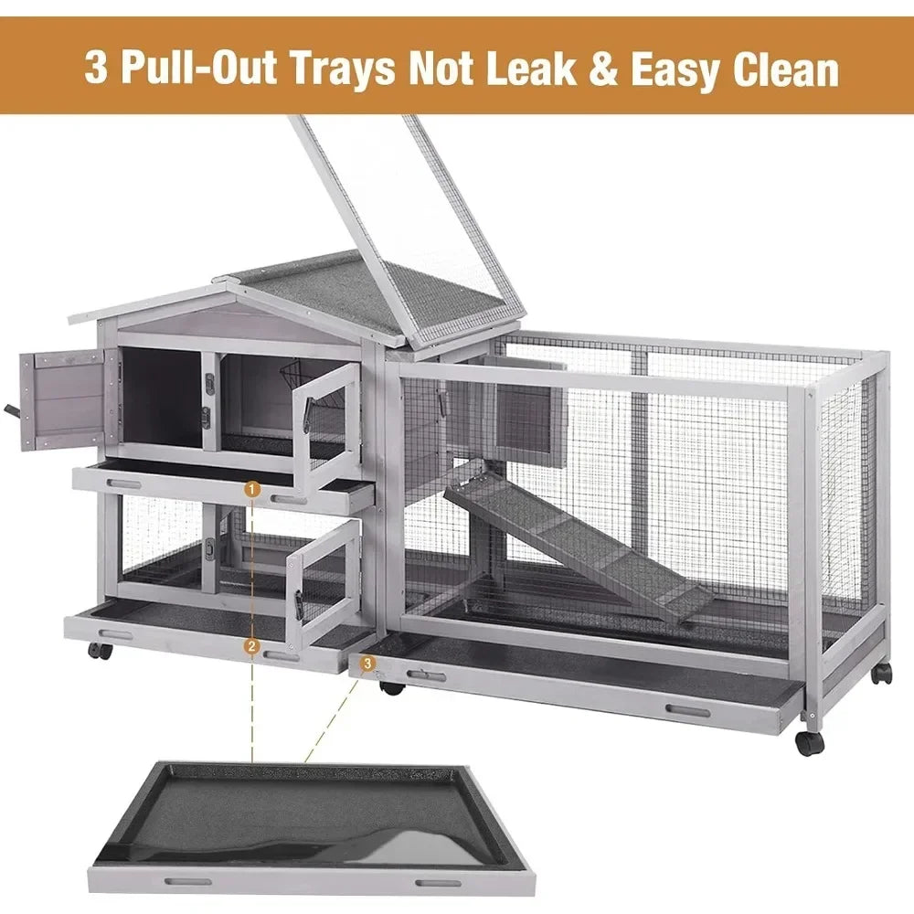 Bunny Cage Indoor and Outdoor Rabbit Hutch with Casters Waterproof Roof