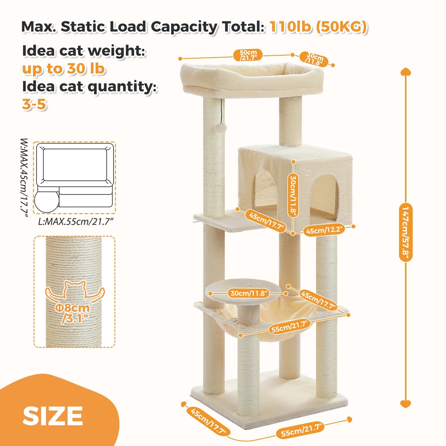 Large Multi-Tier Cat Tree Tower: Larger Hammock, Condo&Reinforced Scratching Posts – Perfect for Big Adult Cats,Cat Accessories
