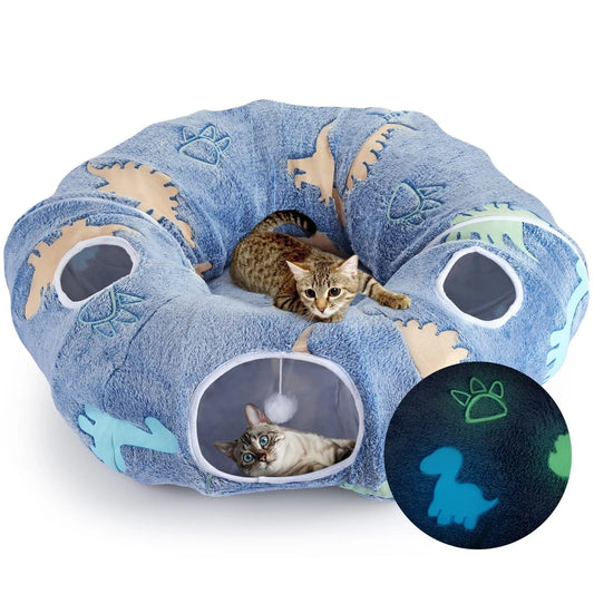 Cat Tunnels for Indoor Cats Foldable & Washable Interactive Play System with Peekaboo Cave + Plush Bed | 4 Entry Adventure Zone