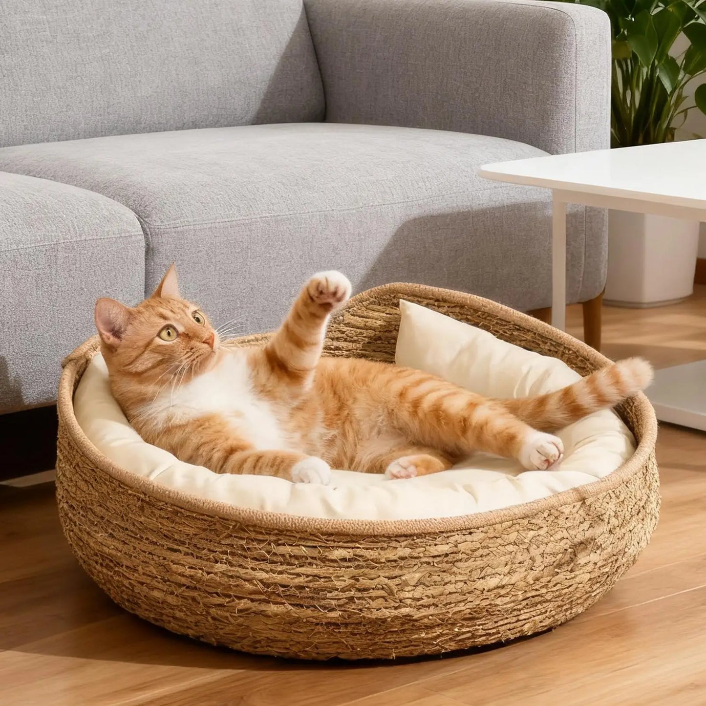 Cat Bed Cotton Rope Woven Cat Bed with Pillow and Cushion All Season Indoor Weaving Pet Resting Scratching Sleeping Furniture