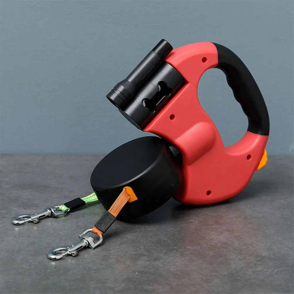 Double Headed Dog Leash Traction Rope 360 Degree Swivel Dog Walking Leash with LED Light Retractable Dog Leash for 2 Dogs