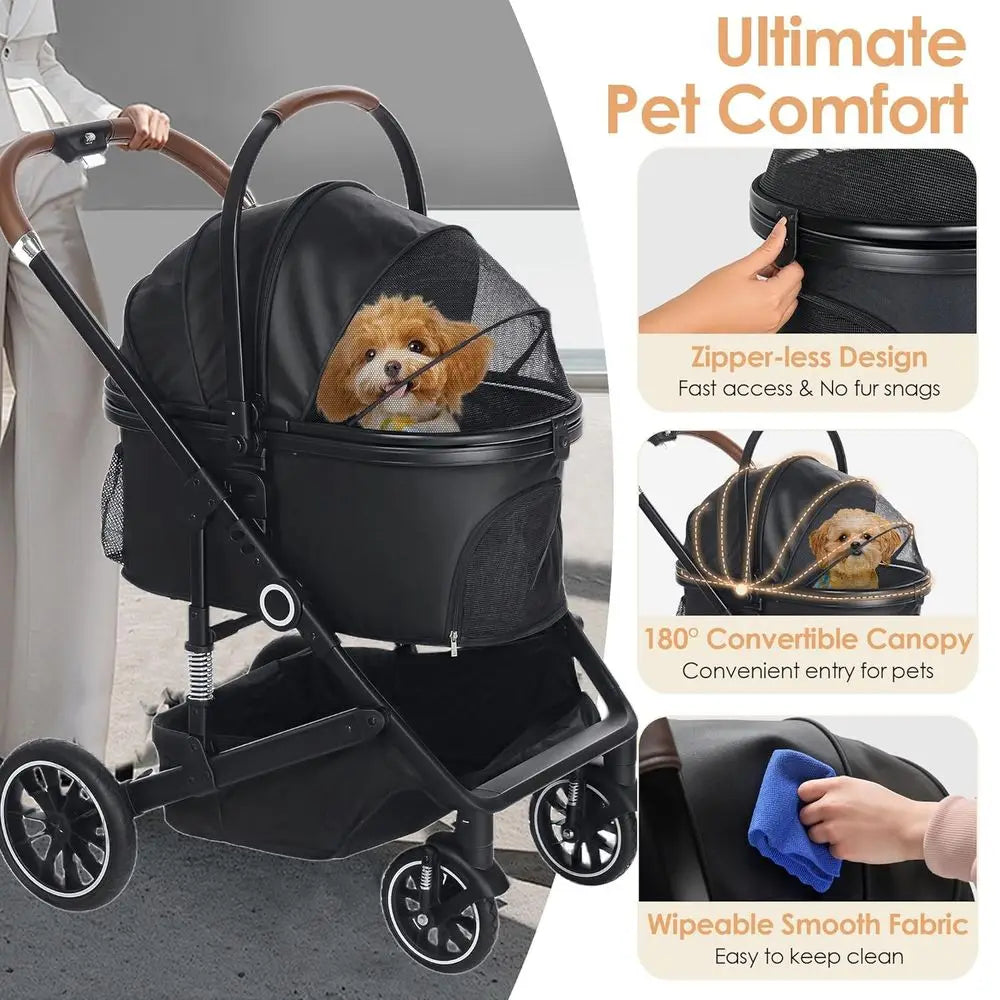 Pet Stroller with 4 Wheels, 3 IN 1 Folding Puppy Strollers for Small/Medium Dogs Cats up to 50lbs, Lightweight Pet Travel Carrie