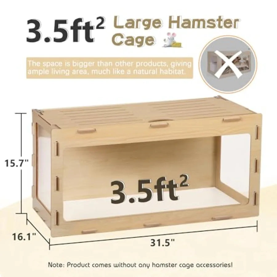 Wooden Hamster Cage Chewproof Bigger World 32" Large Hamster Cages and Habitats Openable Top and 3 Side Acrylic Sheets Small An